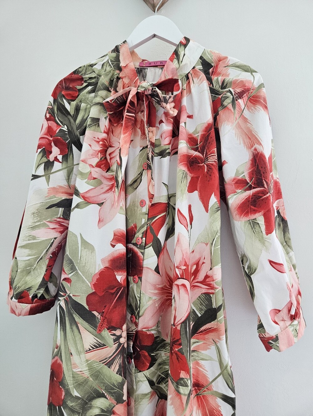 BURU Housedress Floral Tie Buttondown Long Sleeve Cotton Midaxi Dress - Picture 4 of 11